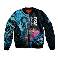 Personalised FSM Culture Day Bomber Jacket Tropical Flowers Tribal Pattern LT05 Unisex Blue - Polynesian Pride