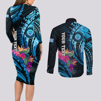 Personalised FSM Culture Day Couples Matching Long Sleeve Bodycon Dress and Long Sleeve Button Shirt Tropical Flowers Tribal Pattern LT05 - Polynesian Pride