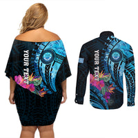 Personalised FSM Culture Day Couples Matching Off Shoulder Short Dress and Long Sleeve Button Shirt Tropical Flowers Tribal Pattern LT05 - Polynesian Pride