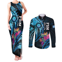Personalised FSM Culture Day Couples Matching Tank Maxi Dress and Long Sleeve Button Shirt Tropical Flowers Tribal Pattern LT05 Blue - Polynesian Pride