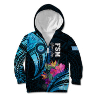 Personalised FSM Culture Day Kid Hoodie Tropical Flowers Tribal Pattern LT05 Zip Hoodie Blue - Polynesian Pride