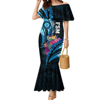 Personalised FSM Culture Day Mermaid Dress Tropical Flowers Tribal Pattern LT05 Women Blue - Polynesian Pride