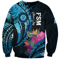 Personalised FSM Culture Day Sweatshirt Tropical Flowers Tribal Pattern LT05 Unisex Blue - Polynesian Pride