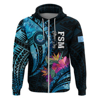Personalised FSM Culture Day Zip Hoodie Tropical Flowers Tribal Pattern LT05 Zip Hoodie Blue - Polynesian Pride