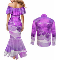 Personalised Pasifika Festival Couples Matching Mermaid Dress and Long Sleeve Button Shirt Violet Tropical Turtle LT05 - Polynesian Pride
