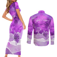 Personalised Pasifika Festival Couples Matching Short Sleeve Bodycon Dress and Long Sleeve Button Shirt Violet Tropical Turtle LT05 - Polynesian Pride