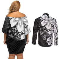 Polynesia Romantic Valentine Couples Matching Off Shoulder Short Dress and Long Sleeve Button Shirt Sea Turtle Couple With Black Plumeria