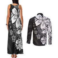 Polynesia Romantic Valentine Couples Matching Tank Maxi Dress and Long Sleeve Button Shirt Sea Turtle Couple With Black Plumeria