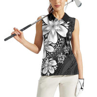 Polynesia Romantic Valentine Women Sleeveless Polo Shirt Sea Turtle Couple With Black Plumeria