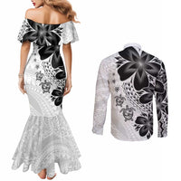 Polynesia Romantic Valentine Couples Matching Mermaid Dress and Long Sleeve Button Shirt Sea Turtle Couple With White Plumeria