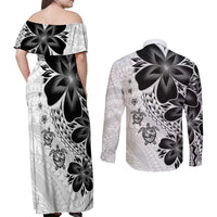 Polynesia Romantic Valentine Couples Matching Off Shoulder Maxi Dress and Long Sleeve Button Shirt Sea Turtle Couple With White Plumeria