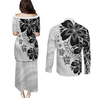 Polynesia Romantic Valentine Couples Matching Puletasi and Long Sleeve Button Shirt Sea Turtle Couple With White Plumeria