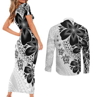 Polynesia Romantic Valentine Couples Matching Short Sleeve Bodycon Dress and Long Sleeve Button Shirt Sea Turtle Couple With White Plumeria