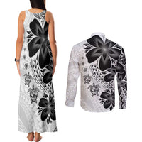 Polynesia Romantic Valentine Couples Matching Tank Maxi Dress and Long Sleeve Button Shirt Sea Turtle Couple With White Plumeria