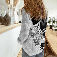 Polynesia Romantic Valentine Women Casual Shirt Sea Turtle Couple With White Plumeria