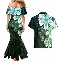 Polynesia Romantic Valentine Couples Matching Mermaid Dress and Hawaiian Shirt Sea Turtle Couple With Aqua Gradient Plumeria