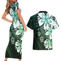 Polynesia Romantic Valentine Couples Matching Short Sleeve Bodycon Dress and Hawaiian Shirt Sea Turtle Couple With Aqua Gradient Plumeria
