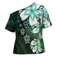 Polynesia Romantic Valentine Cross Shoulder Shirt Sea Turtle Couple With Aqua Gradient Plumeria