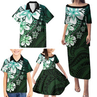 Polynesia Romantic Valentine Family Matching Puletasi and Hawaiian Shirt Sea Turtle Couple With Aqua Gradient Plumeria