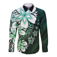 Polynesia Romantic Valentine Long Sleeve Button Shirt Sea Turtle Couple With Aqua Gradient Plumeria