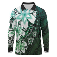 Polynesia Romantic Valentine Long Sleeve Polo Shirt Sea Turtle Couple With Aqua Gradient Plumeria