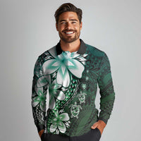 Polynesia Romantic Valentine Long Sleeve Polo Shirt Sea Turtle Couple With Aqua Gradient Plumeria
