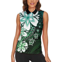 Polynesia Romantic Valentine Women Sleeveless Polo Shirt Sea Turtle Couple With Aqua Gradient Plumeria