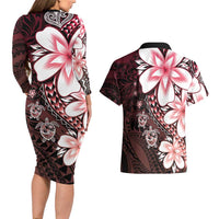 Polynesia Romantic Valentine Couples Matching Long Sleeve Bodycon Dress and Hawaiian Shirt Sea Turtle Couple With Red Gradient Plumeria