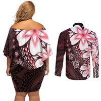 Polynesia Romantic Valentine Couples Matching Off Shoulder Short Dress and Long Sleeve Button Shirt Sea Turtle Couple With Red Gradient Plumeria