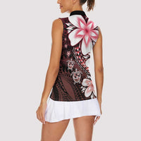 Polynesia Romantic Valentine Women Sleeveless Polo Shirt Sea Turtle Couple With Red Gradient Plumeria