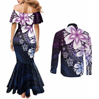 Polynesia Romantic Valentine Couples Matching Mermaid Dress and Long Sleeve Button Shirt Sea Turtle Couple With Purple Gradient Plumeria