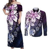 Polynesia Romantic Valentine Couples Matching Off Shoulder Maxi Dress and Long Sleeve Button Shirt Sea Turtle Couple With Purple Gradient Plumeria