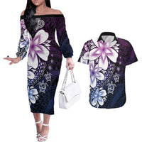 Polynesia Romantic Valentine Couples Matching Off The Shoulder Long Sleeve Dress and Hawaiian Shirt Sea Turtle Couple With Purple Gradient Plumeria