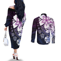 Polynesia Romantic Valentine Couples Matching Off The Shoulder Long Sleeve Dress and Long Sleeve Button Shirt Sea Turtle Couple With Purple Gradient Plumeria