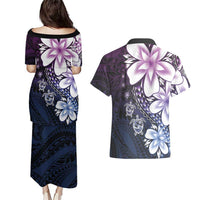 Polynesia Romantic Valentine Couples Matching Puletasi and Hawaiian Shirt Sea Turtle Couple With Purple Gradient Plumeria