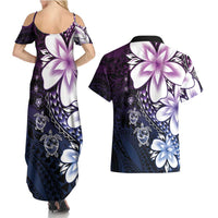 Polynesia Romantic Valentine Couples Matching Summer Maxi Dress and Hawaiian Shirt Sea Turtle Couple With Purple Gradient Plumeria
