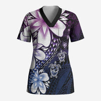 Polynesia Romantic Valentine Scrub Top Sea Turtle Couple With Purple Gradient Plumeria