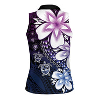 Polynesia Romantic Valentine Women Sleeveless Polo Shirt Sea Turtle Couple With Purple Gradient Plumeria