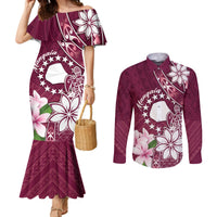 Personalised Cook Island Mangaia Gospel Day Couples Matching Mermaid Dress and Long Sleeve Button Shirt Floral Tribal Pattern LT05 Maroon - Polynesian Pride