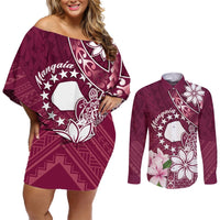 Personalised Cook Island Mangaia Gospel Day Couples Matching Off Shoulder Short Dress and Long Sleeve Button Shirt Floral Tribal Pattern LT05 Maroon - Polynesian Pride