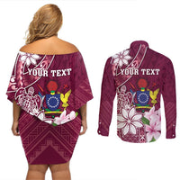 Personalised Cook Island Mangaia Gospel Day Couples Matching Off Shoulder Short Dress and Long Sleeve Button Shirt Floral Tribal Pattern LT05 - Polynesian Pride
