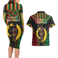 Vanuatu 46th Anniversary Independence Day Couples Matching Long Sleeve Bodycon Dress and Hawaiian Shirt Melanesian Warrior With Sand Drawing Pattern LT05 - Polynesian Pride
