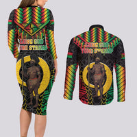 Vanuatu 46th Anniversary Independence Day Couples Matching Long Sleeve Bodycon Dress and Long Sleeve Button Shirt Melanesian Warrior With Sand Drawing Pattern LT05 - Polynesian Pride