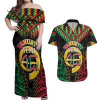 Vanuatu 46th Anniversary Independence Day Couples Matching Off Shoulder Maxi Dress and Hawaiian Shirt Melanesian Warrior With Sand Drawing Pattern LT05 Black - Polynesian Pride