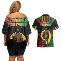 Vanuatu 46th Anniversary Independence Day Couples Matching Off Shoulder Short Dress and Hawaiian Shirt Melanesian Warrior With Sand Drawing Pattern LT05 - Polynesian Pride