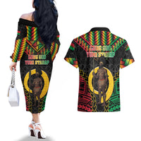Vanuatu 46th Anniversary Independence Day Couples Matching Off The Shoulder Long Sleeve Dress and Hawaiian Shirt Melanesian Warrior With Sand Drawing Pattern LT05 - Polynesian Pride