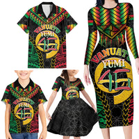 Vanuatu 45th Anniversary Independence Day Family Matching Long Sleeve Bodycon Dress and Hawaiian Shirt Melanesian Warrior With Sand Drawing Pattern LT05 - Polynesian Pride