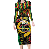 Vanuatu 45th Anniversary Independence Day Family Matching Long Sleeve Bodycon Dress and Hawaiian Shirt Melanesian Warrior With Sand Drawing Pattern LT05 Mom's Dress Black - Polynesian Pride