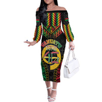 Vanuatu 46th Anniversary Independence Day Family Matching Off The Shoulder Long Sleeve Dress and Hawaiian Shirt Melanesian Warrior With Sand Drawing Pattern LT05 Mom's Dress Black - Polynesian Pride