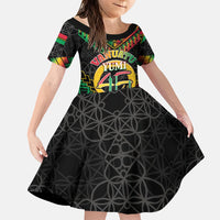 Vanuatu 46th Anniversary Independence Day Family Matching Off Shoulder Maxi Dress and Hawaiian Shirt Melanesian Warrior With Sand Drawing Pattern LT05 Daughter's Dress Black - Polynesian Pride
